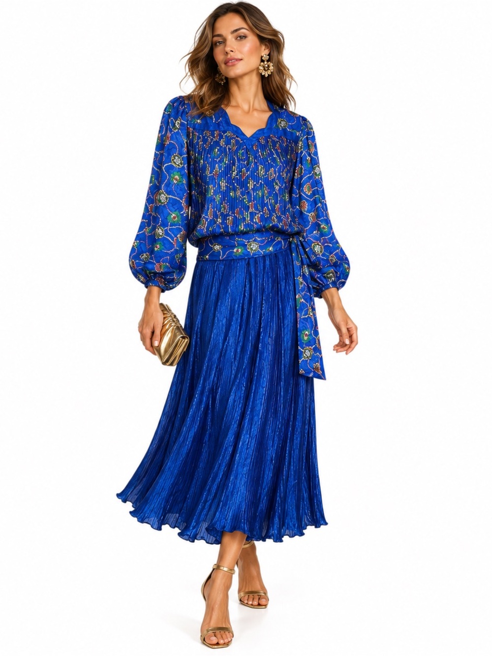 Vintage 80s DIANE FREIS Blue Pleated Skirt Set Jewel Print 2 Piece Hong Kong OS